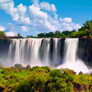 Iguazu waterfalls in Argentina. Panoramic view of several powerf