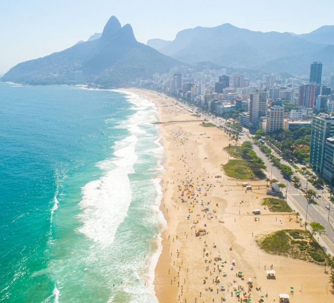 Rio de Janeiro, Rio de Janeiro / Brazil - Circa October 2019: Aerial image of Ipanema Beach in Rio de Janeiro. 4K.